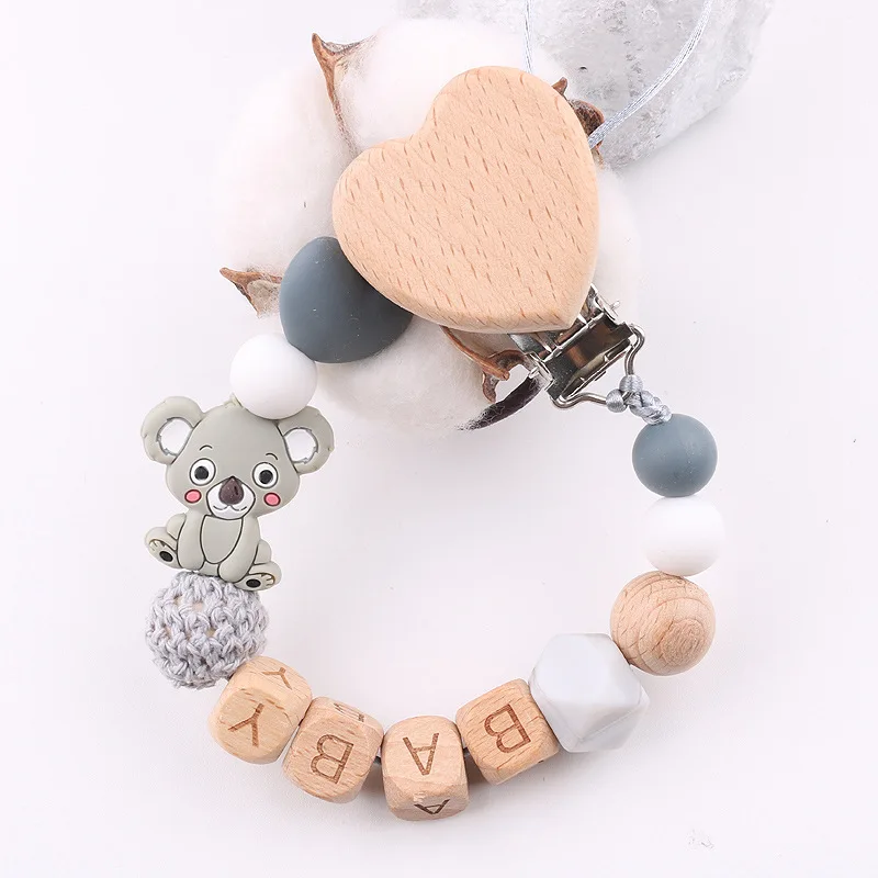 Custom Name Personalized Baby Beech Wooden Pacifier Clips Silicone Beads Dummy Chains Holder Soother Newborn Teething Toy Gift