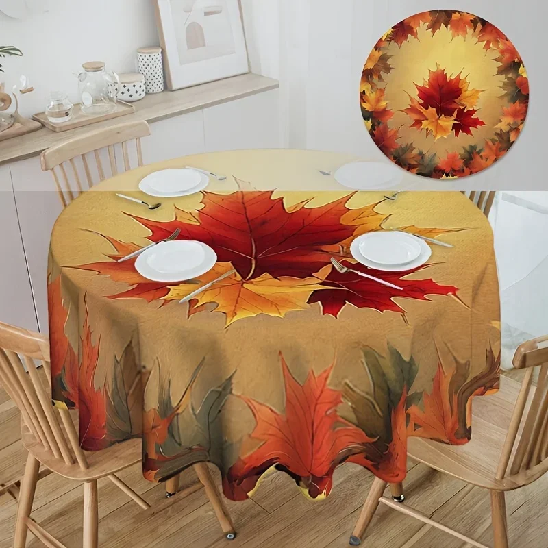 One 2D flat-printed round tablecloth. Autumn maple leaf tablecloth. Seasonal table cover. yzb