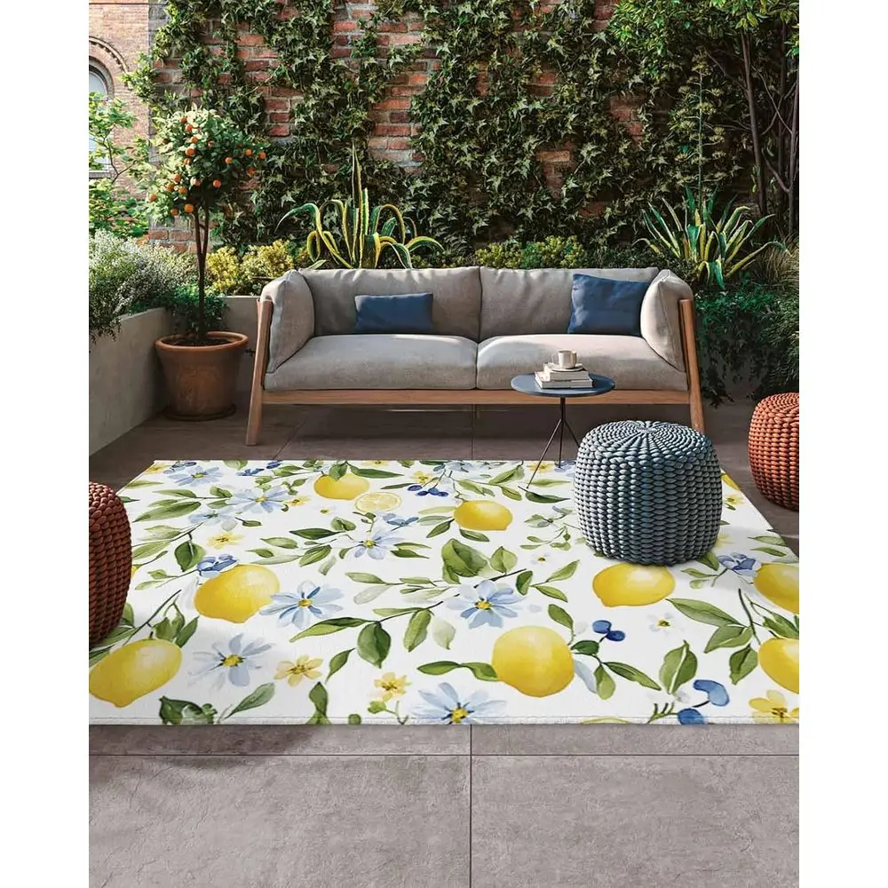 

Patio Outdoor Rug with Lemon Green Watercolor Leaves, Non-Slip Indoor Area Floor Mat, Suitable for Deck, Backyard, Porch, Blue F