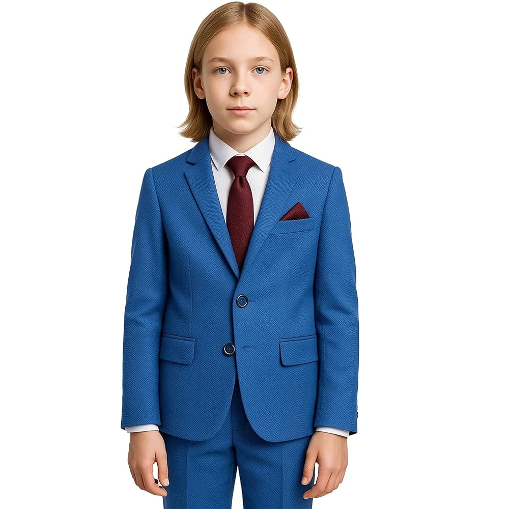 طقم بدلة للأولاد مكون من 3 قطع بقصة ضيقة باللون الأزرق للأطفال بدلات رسمية لأداء الأطفال الصغار بدلة سهرة لحفلات الزفاف وحفلات التخرج الزي الكلاسيكي للمراهقين
