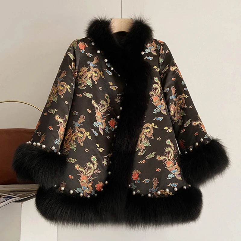 Embroidery Fur Jacket Women Faux Fox Fur Coat Office Lady Elegant Thick Warm Winter Luxury Furry Jacket 2023 Winter Outerwear