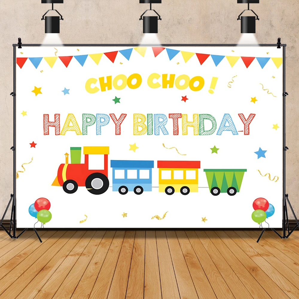 Cartoon Train Birthday Party Photography Background Transportation Theme Car Balloon Boy Girl 1st Birthday Backdrop Photo Studio