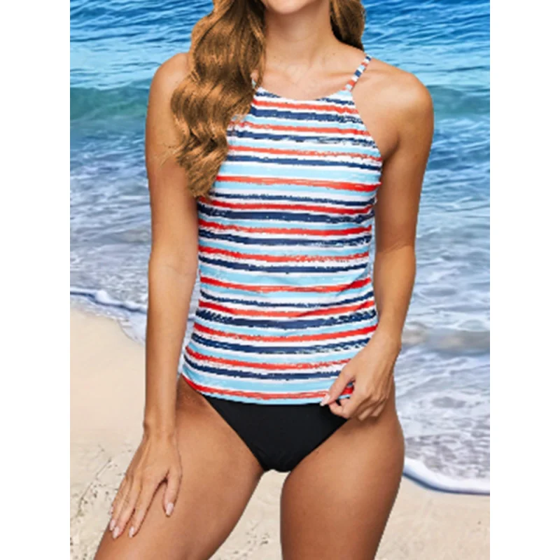 Costume da bagno due pezzi da donna, stile conservatore, disponibile, tankini con cinturino, costumi da bagno a righe