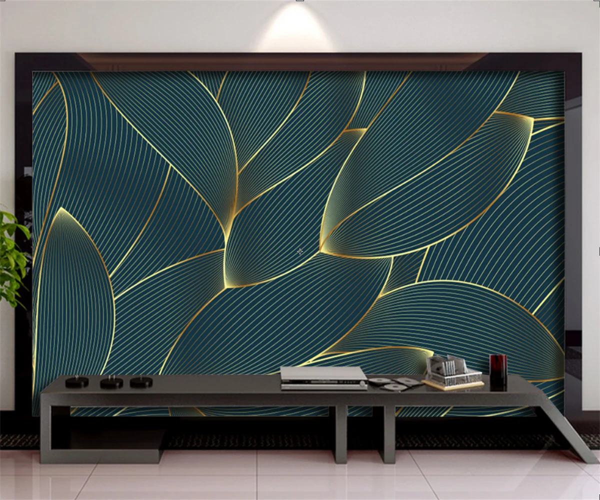 Light luxury and minimalist gold blue geometric lines custom wallpaper home decoration geometric lines leaf decoration painting