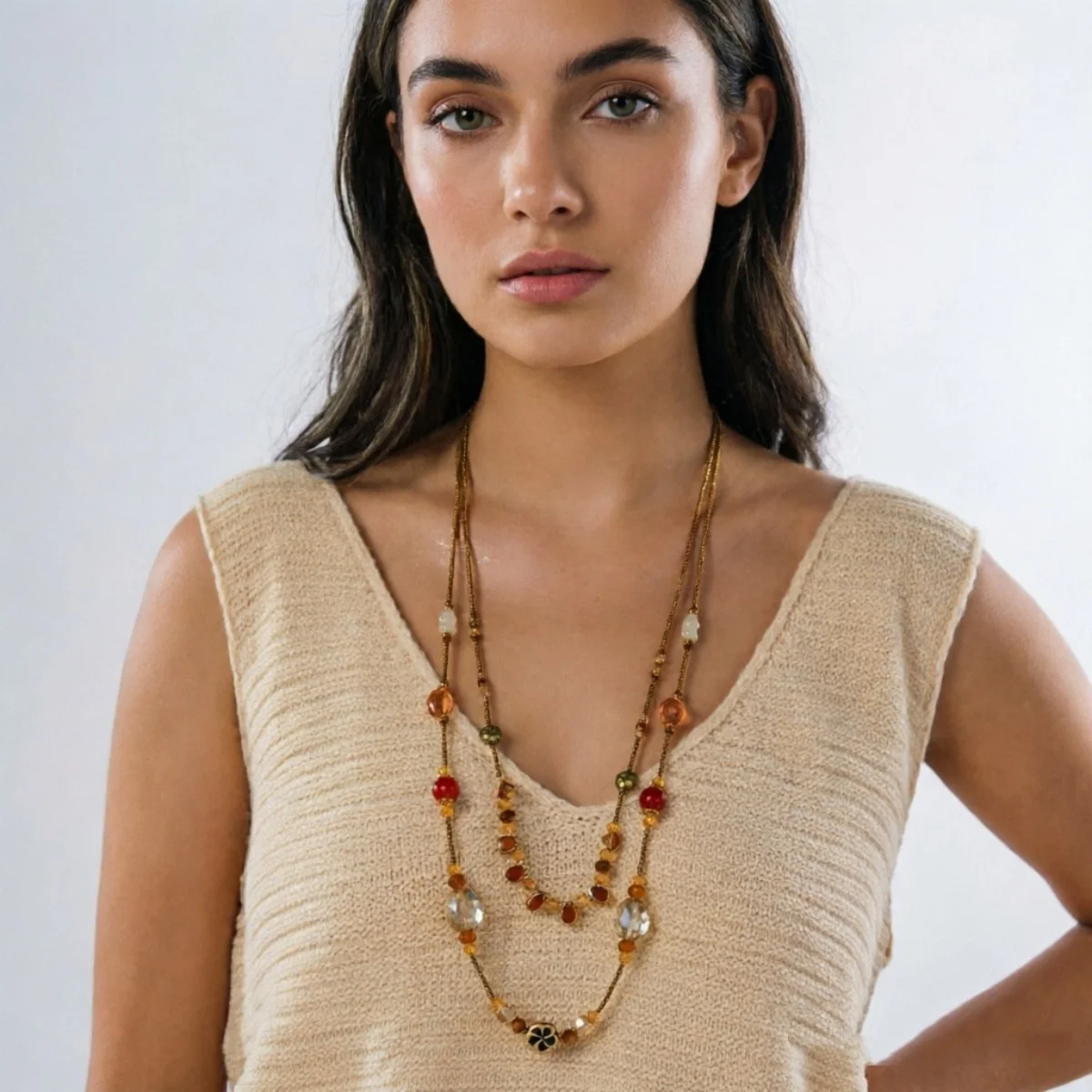 Vintage Bohemian Kristallblumen Lange Mehrlagige Halskette für Damen und Herren, Mehrfarbige Kristallperlen, Blumen-Charm-Choker, Partyschmuck – Detail 19