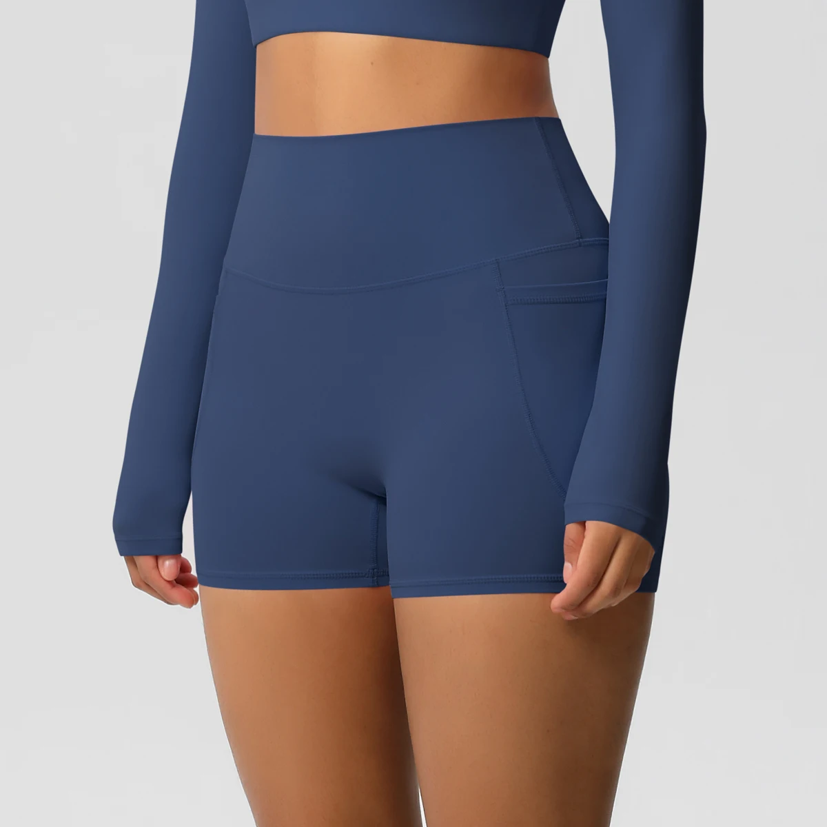 Einfarbige Yogahose mit Taschen, schnell trocknend, hohe Taille, für Fitnessstudio, Push-Up-Yoga-Shorts für Damen, atmungsaktiv, Workout, Fitness, kurz – Detail 16