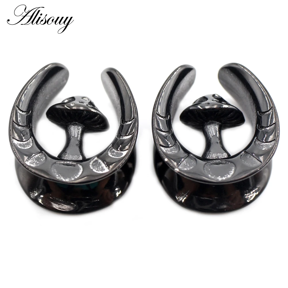 Alisouy 2PCS Stainless Steel U-shaped Mushroom Saddle Ear Tunnels Plugs Expander Stretcher Gauges Earrings Piercing Body Jewelry