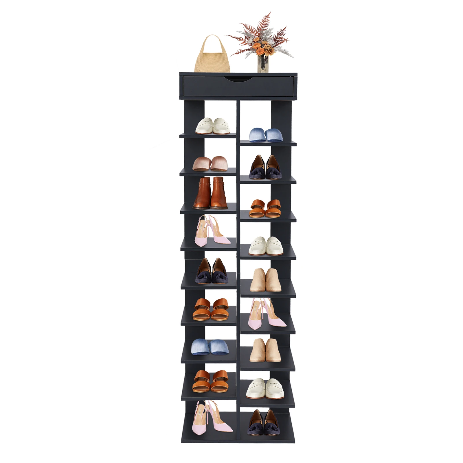 

Shoe Rack, 10-Tier Grey Shoe Shelf 40x22x141cm, MDF Particle Board Shoe Organizer for Entryway Closet, Space Saving & Sturdy