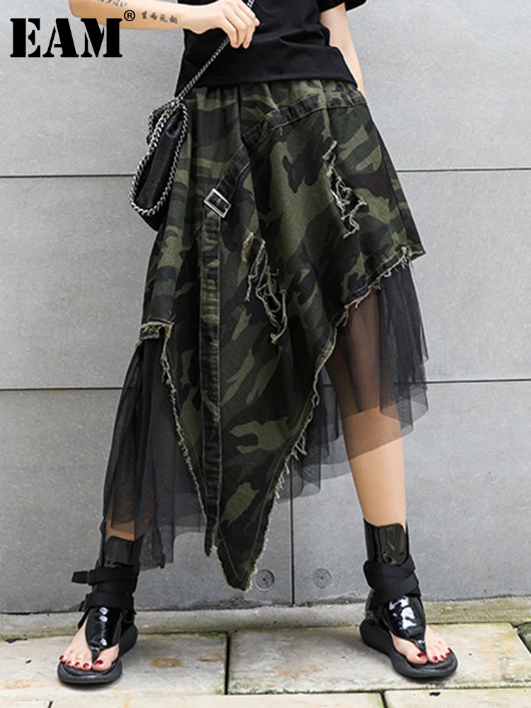 [EAM] Камуфляжная нерегулярная сетчатая юбка трапециевидной формы с высокой эластичной резинкой на талии, женская модная новинка весны и осени 2025 1DH6094