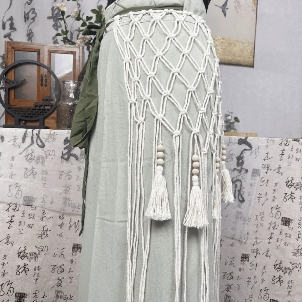Bohemian Netted Fringe Waistband Decorative Tassel Ethnic Design Handwoven Bikini Cover Up Fringed Waist Belt