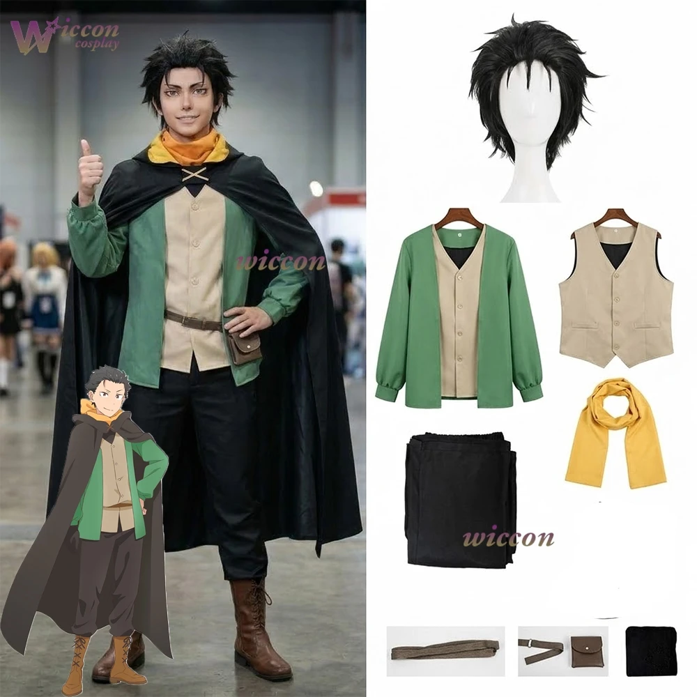 Disfraz de Cosplay de Natsuki Subaru de Re:Zero - Empezando de Cero en un Mundo Diferente, Capa Negra, Chaleco, Camiseta, Pantalones, Bufanda, Guantes, Traje de Anime para Hombre