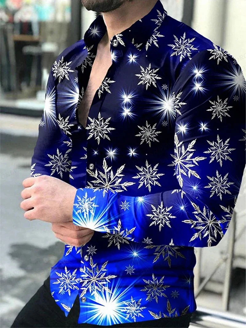 

2025 Men's dark retro pattern polka dot 3D printed shirt outdoor street long-sleeved lapel slim clothing business fashion top