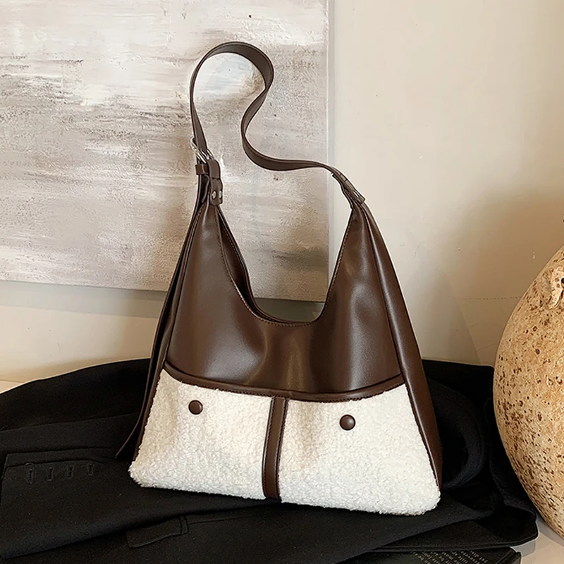 

Модная сумка-тоут из овечьей шерсти с карманами из искусственной кожи, женская новая осенне-зимняя универсальная сумка в стиле ретро, высококачественная сумка на одно плечо