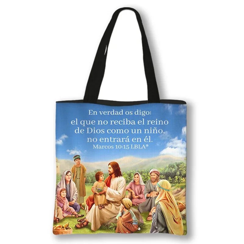 Jesus Painting Print Shoulder Bag Vintage Women Canvas Handbag Dios Esta Conmigo Portable Messenger Bags