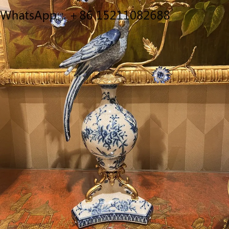 LLY Luxury Chinese Style Art Ceramic Five-headed Parrot Decorative Candlestick Villa Tabletop Ornament