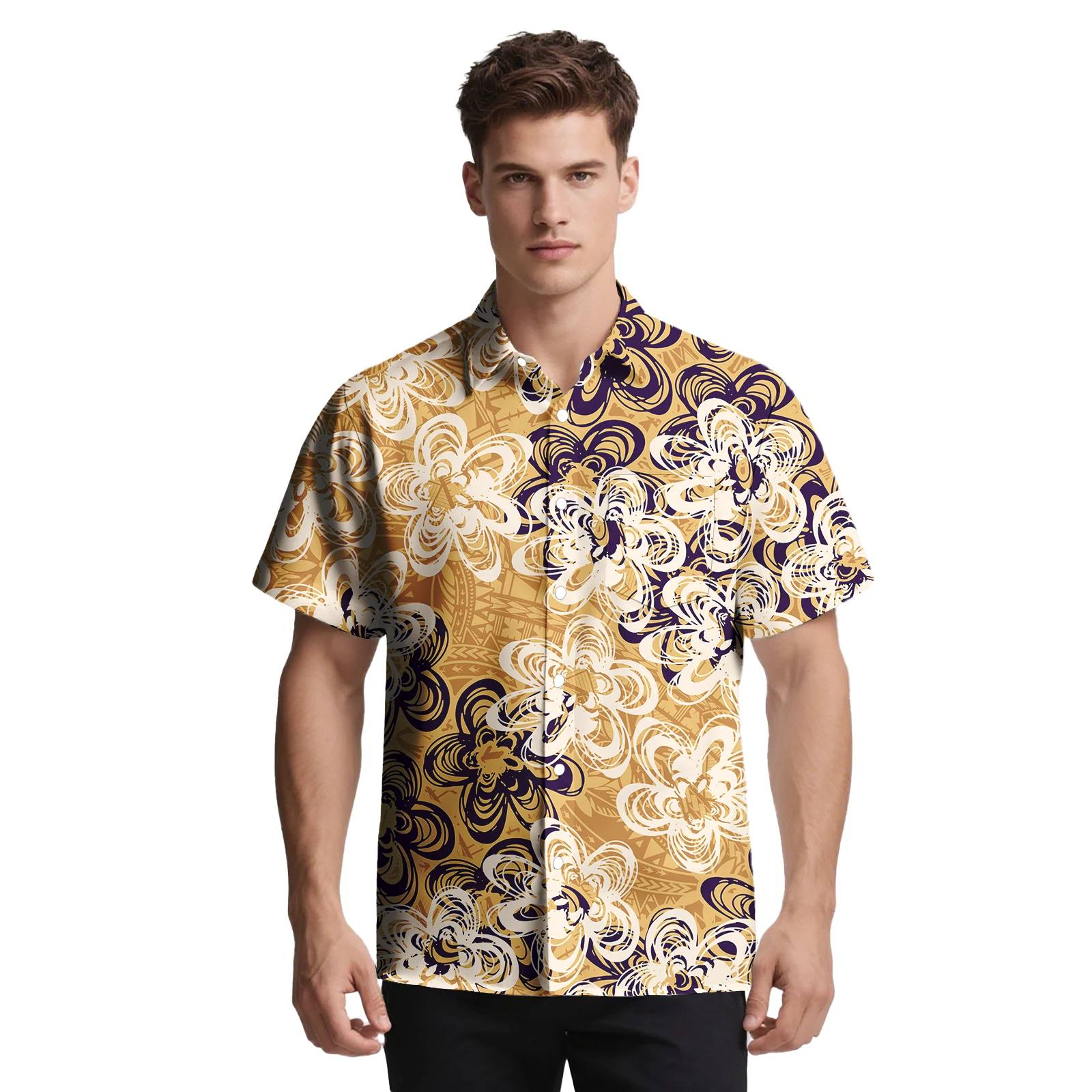 مخصص النمط الكلاسيكي رائجة البيع الملابس ساموا مريحة شهم قميص هاواي ألوها تصاميم القبلية البولينيزية الرجال قميص #1