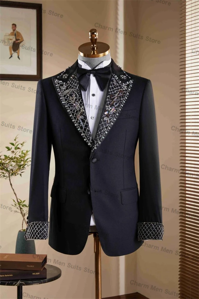 Ensemble de olympiques en cristal noir pour hommes, blazer et pantalon, smoking de mariage sur mesure, smoking formel, bureau, marié, veste de Rh, manteau, 2 pièces