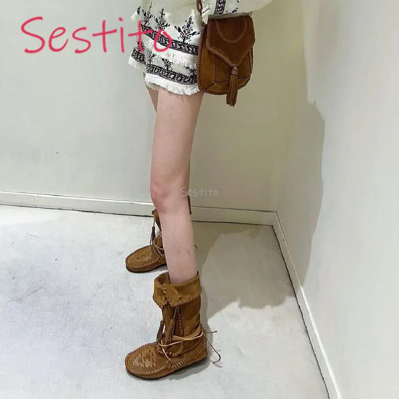 

Tassel Fashion Boots New Retro Style with Increased Height Woven Straps Boxing Boots Versatile and Slimming Mid Length Boots