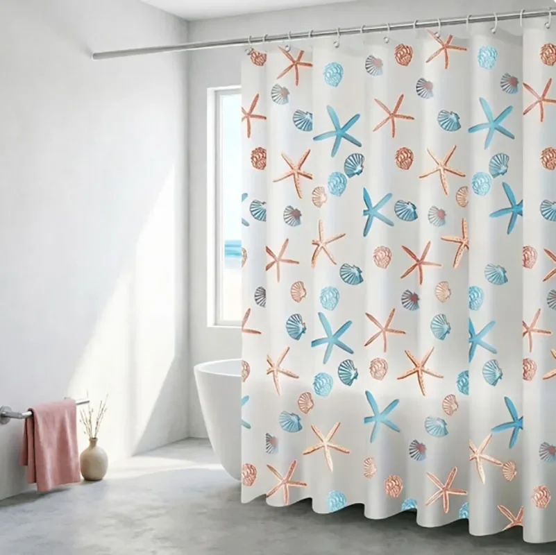 Cortina de Ducha de Plástico con Diseño de Estrellas de Mar y Conchas Marinas - Cortina de Baño Impermeable para Bañeras, Cortina de Baño Resistente al Moho