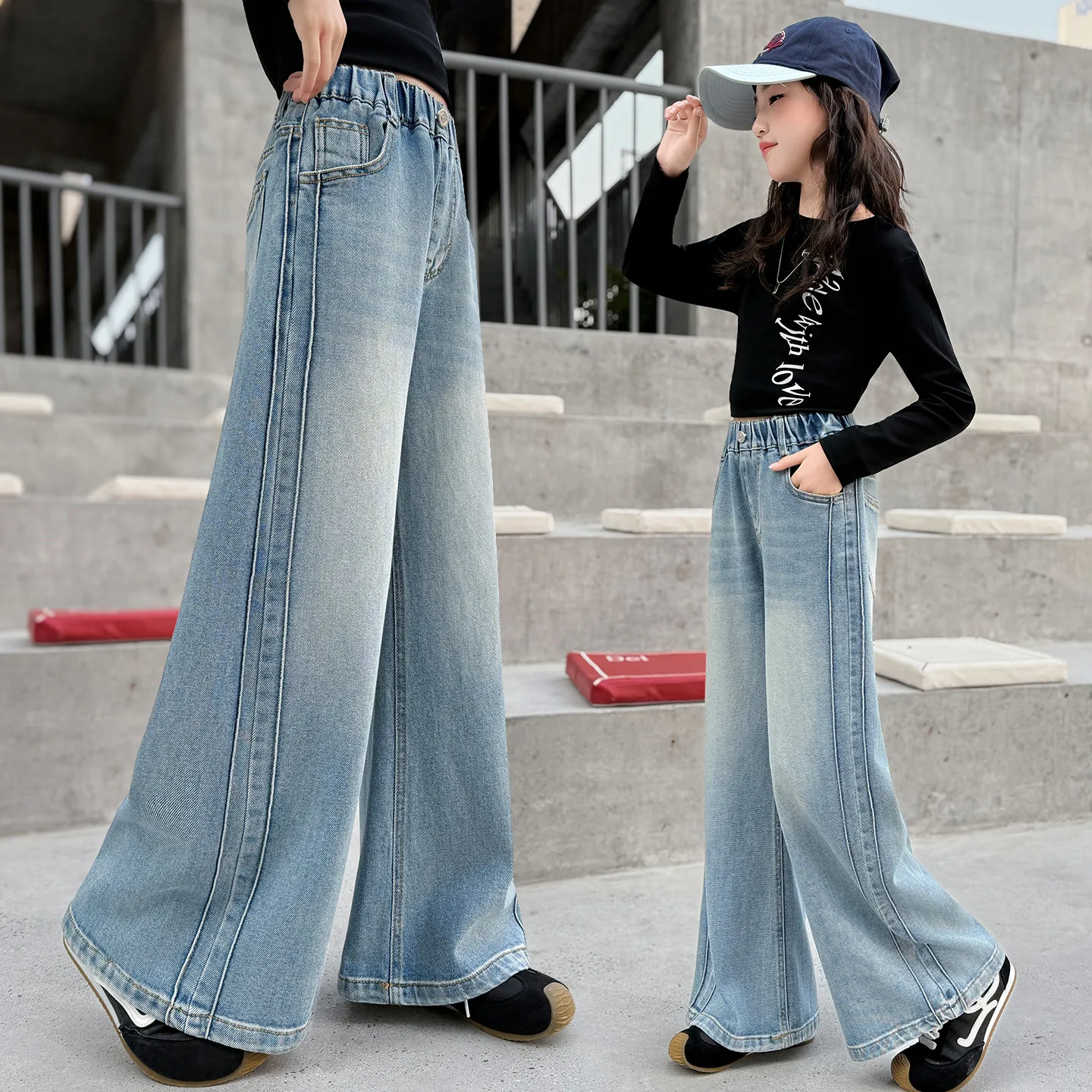 

2026 SS 4-14 Years Old Kids Jeans Spliced Pants For Personalized Casual Hip-hop Trends Girl Casual Fashion Blue Denim Trousers