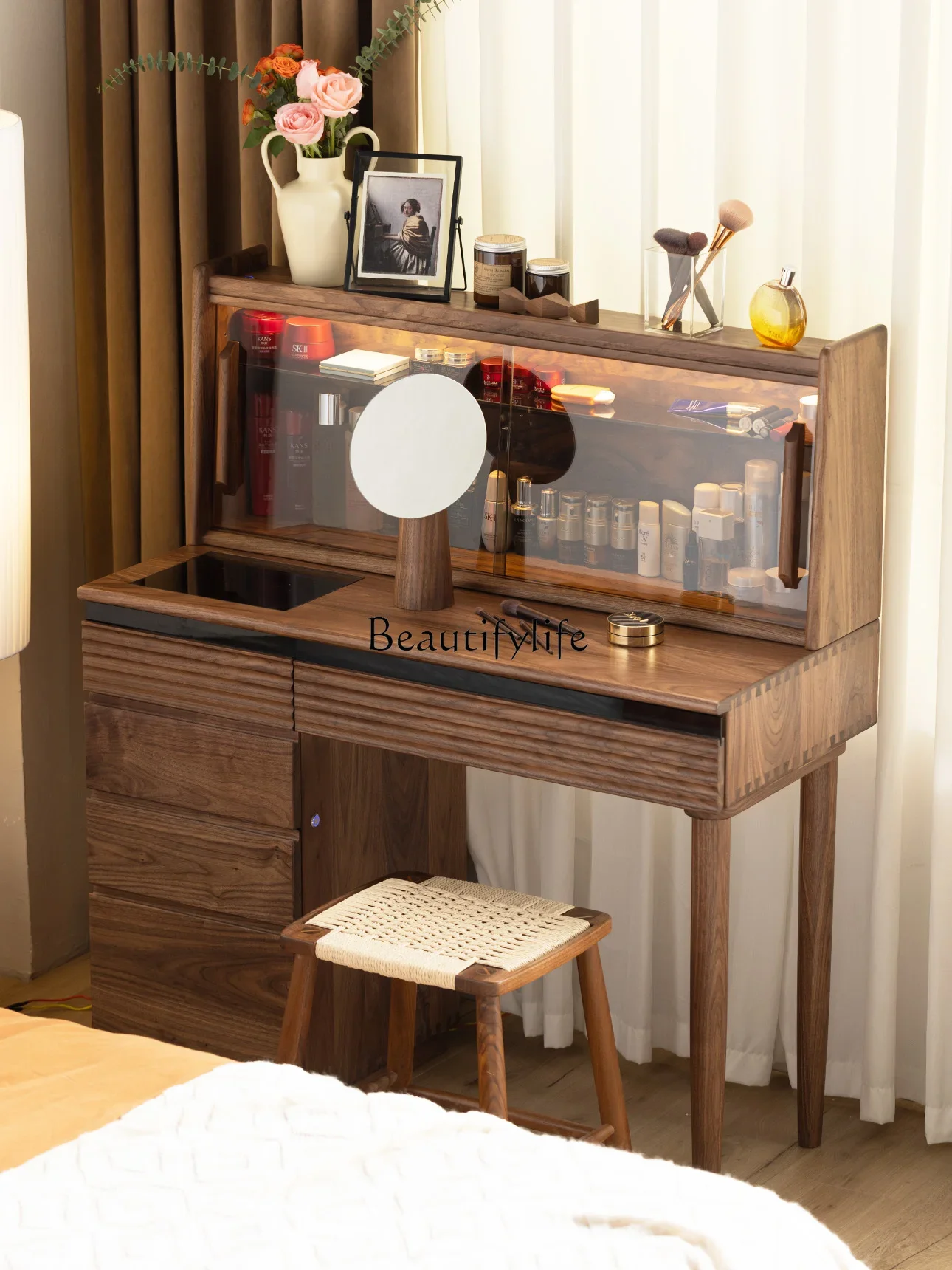 

LD6North America Black Walnut Wooden Dressing Table Bedroom Modern Minimalist Makeup Cabinet