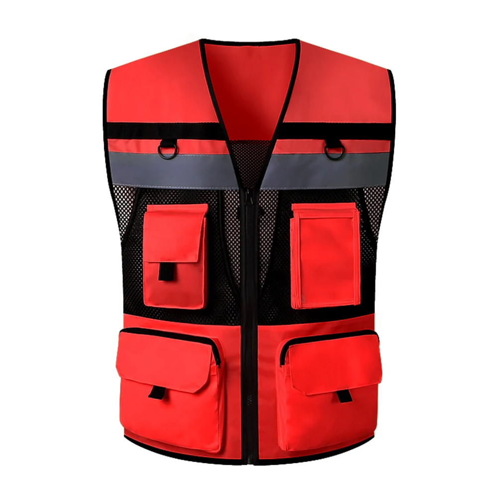 

Red Safety Vest Custom Logo Text High Visibility Breathable Mesh Reflective Vest Man Working Clothes Construction Workwear