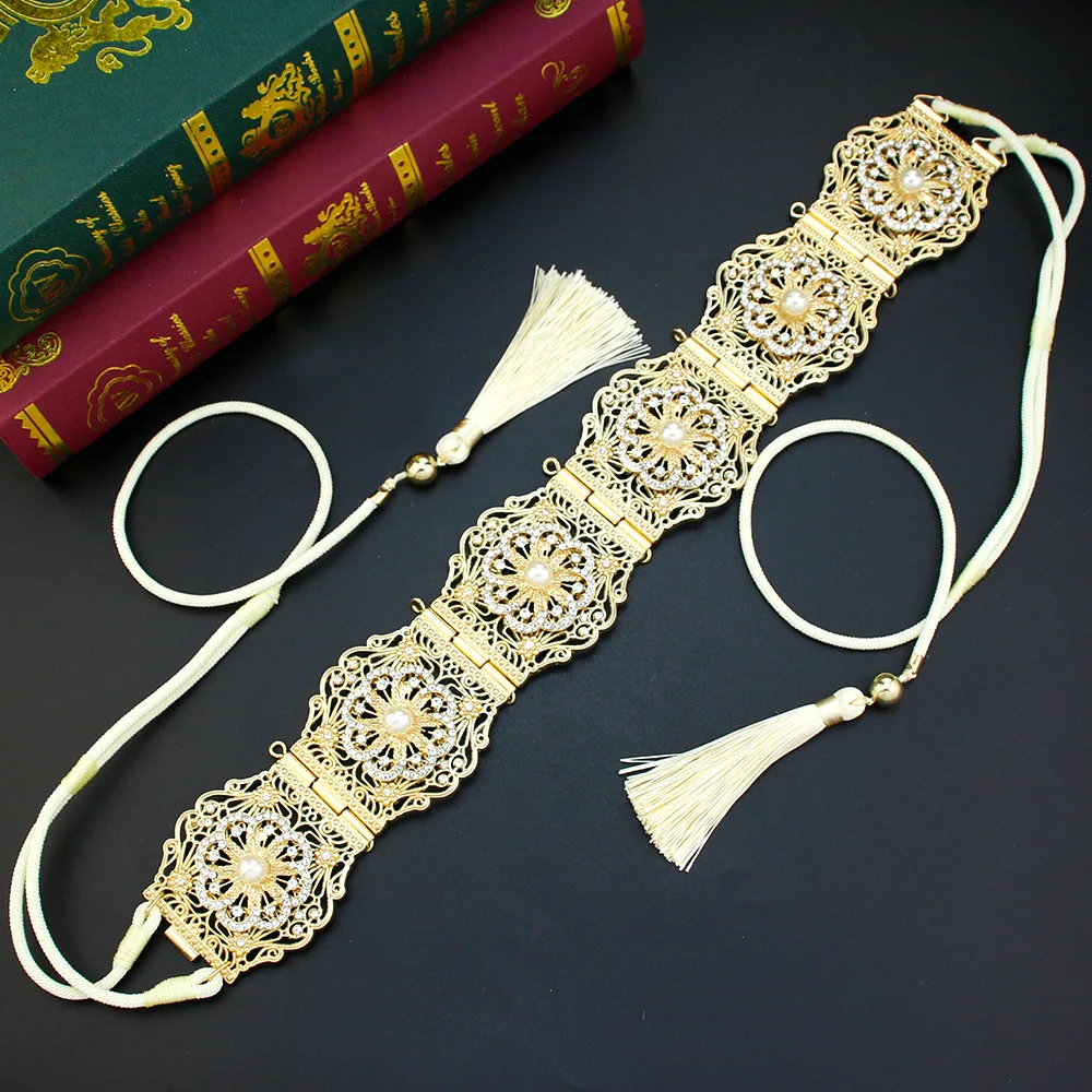 Sunspicems Chic Morocco Belt Hand Rope Waist Chain Algeria Crystal Belt Pearl Arab Bride Jewelry Wedding Dress Caftan Waistband