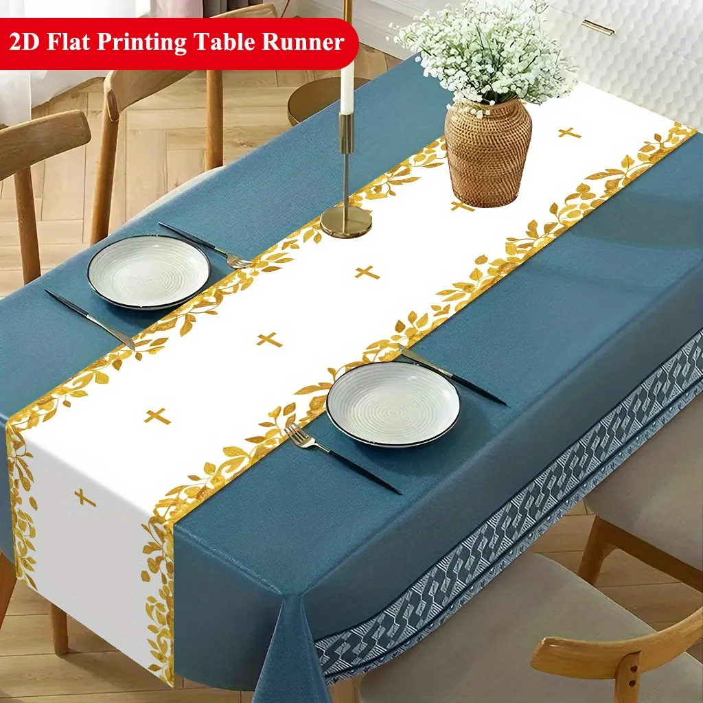 Gold Leaves Table Runner - 1PC Holy Cross Element 2D Print Luxury Metallic Pattern Cover for Dining Table TV Stand