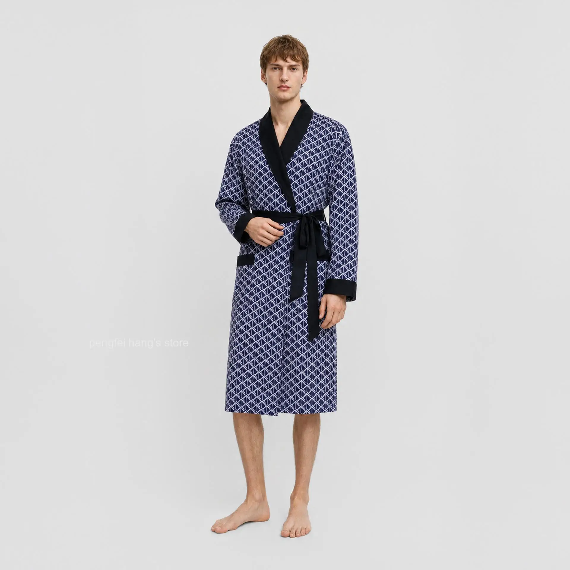 Men Autumn Printed Bathrobe European Style Hotel Dressing Gown Casual Sleep Robe Soft Comfortable Indoor Home Loungewear