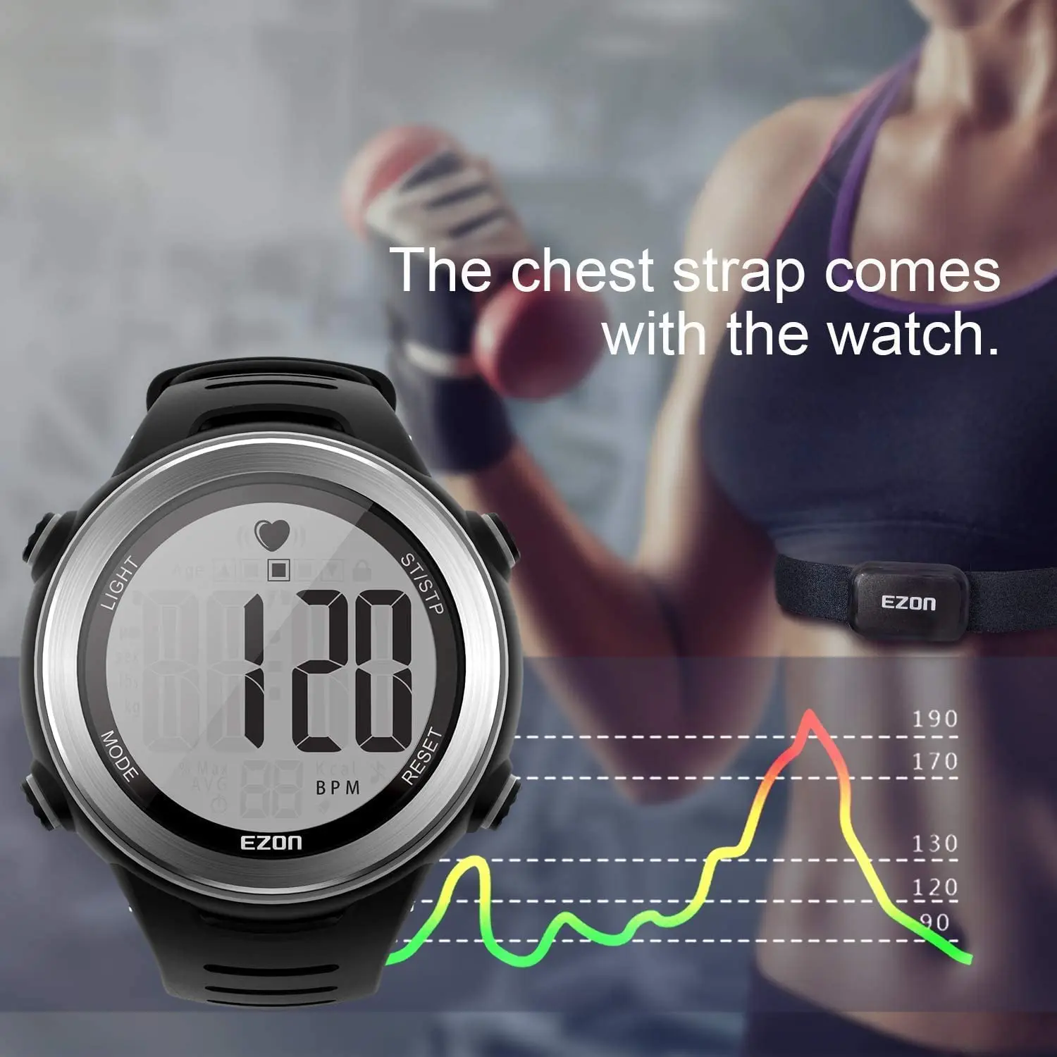 EZON T007  Heart Rate Monitor and Chest Strap, Exercise Heart Rate Monitor, Sports Watch with HRM, Waterproof, Stopwatch.