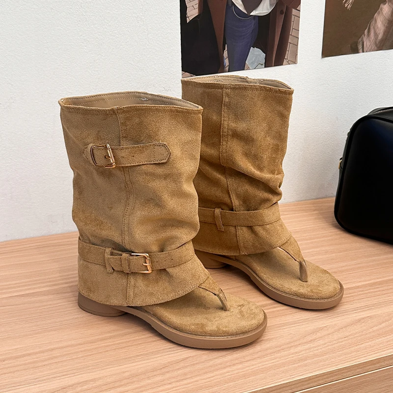 Designer Clip Toe Sandals Boots Heeled Women Suede Mid Calf Shoes Fashion Trend New Chelsea Boots Goth Buckle Mujer Botas