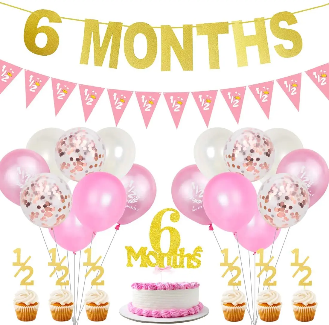 

6 Months Birthday Party Decorations for Girls Pink Balloon Set Gold Half Year Old Banner 1/2 Pennant Cake Topper Party Supplies