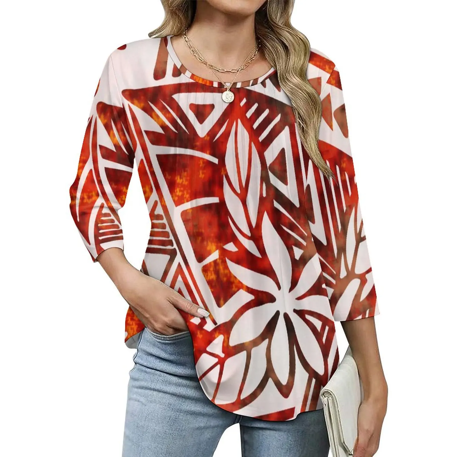 

Sustainable Polynesian Design Crew Neck Blouses Big People Trendy Three Quarter Sleeve Tops Drop Shipping