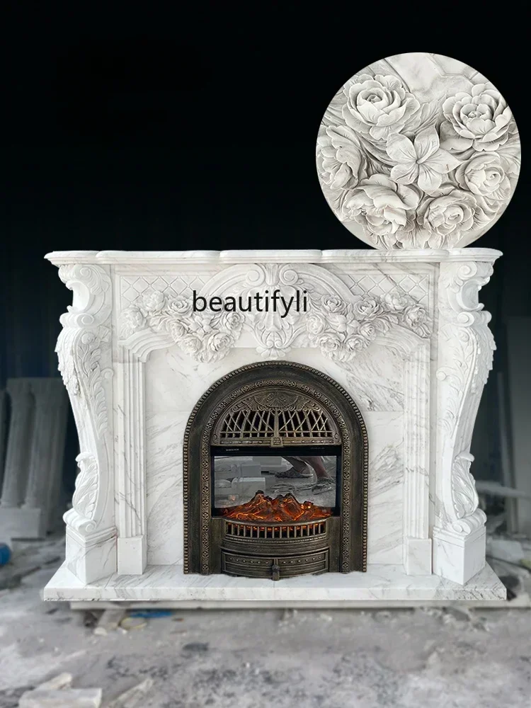 Light luxury natural stone  European light luxury carved fireplace rack Jazz white stone carving fireplace furniture