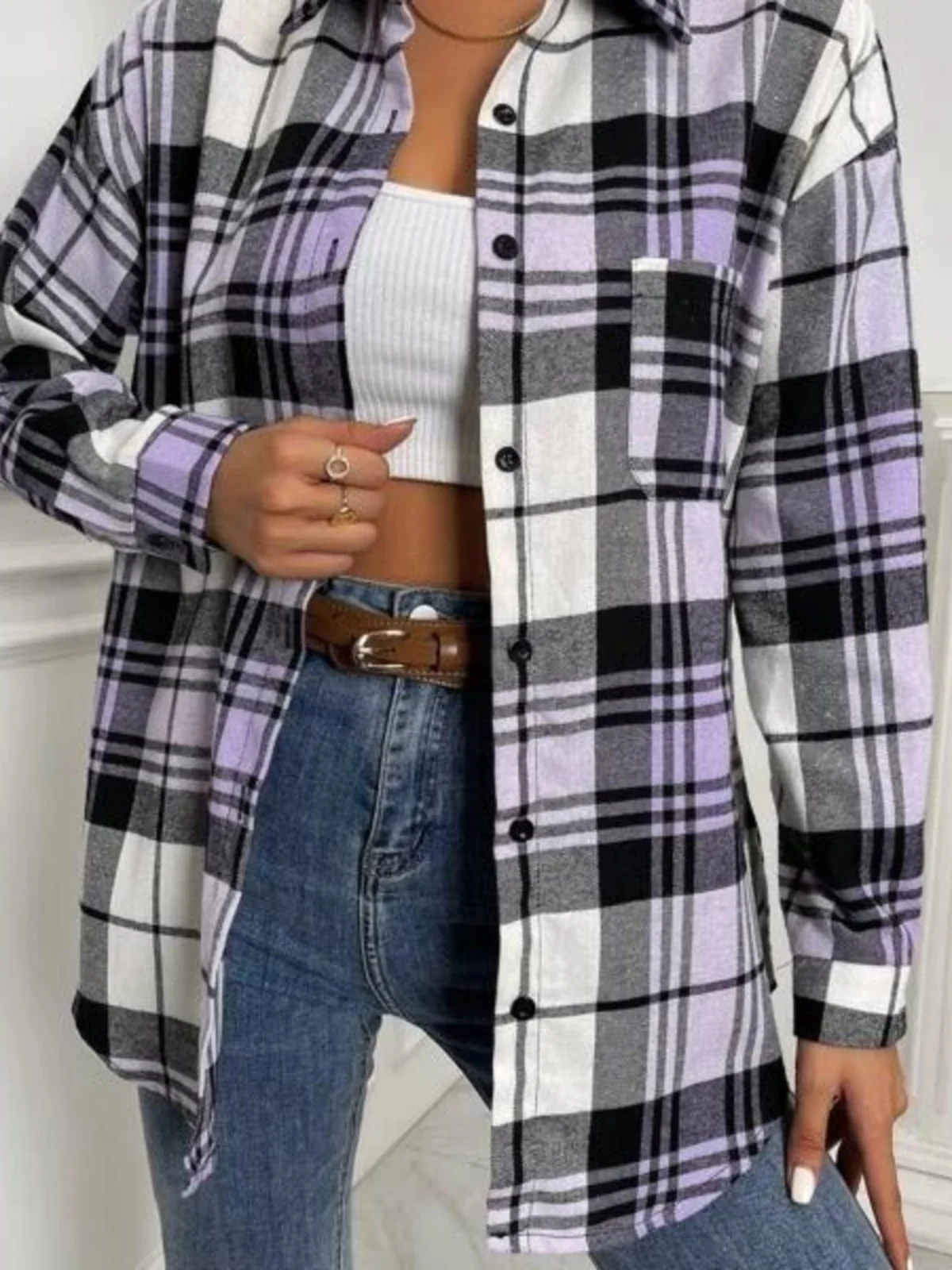 

Свободные женские брюки Long Sve irt Plaid Pleated Street Sle Regular Thin Winter Collection Chinese Origin 00% Other Mate...