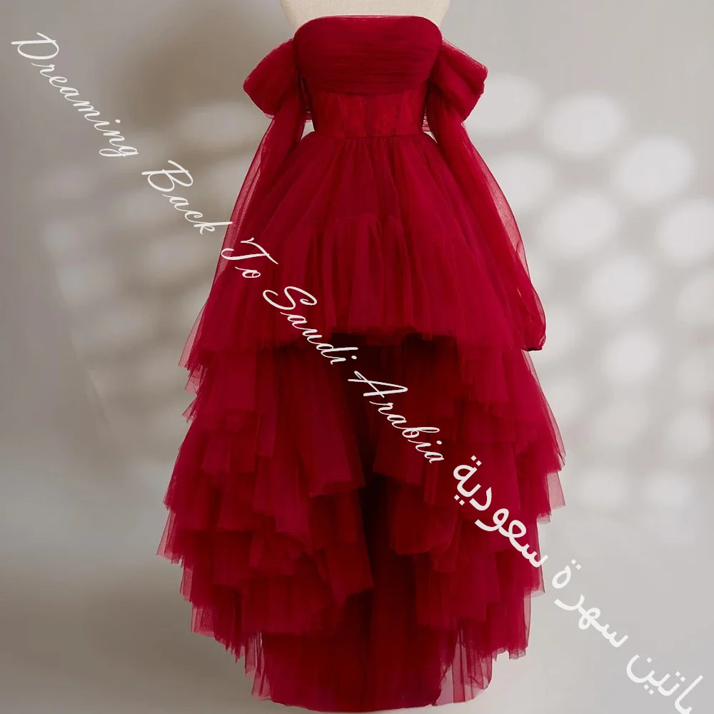 Delicate Boat Neck Chiffon Off the Shoulder 3/4 Sleeves A-Line Evening Dresses Sweep Train Pleats Solid Red Color Floor Length