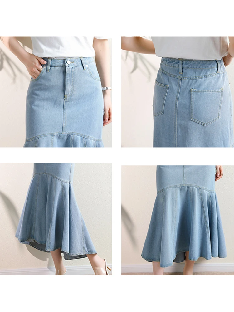 Vintage Light Blue Mermaid Skirts Women Zipper High Waist Denim Skirts Female 2023 New Chic Trumpet Skirts Ruffers Mujer Faldas