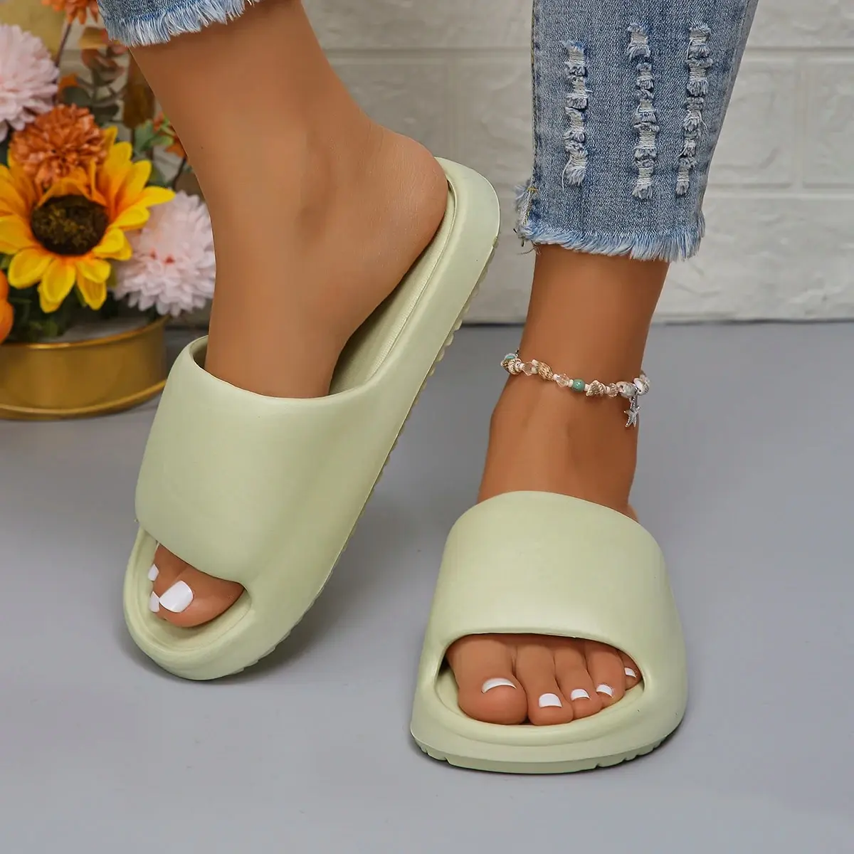 Rimocy 2024 Summer Soft Bottom Mute Slides Women Flat Heels Non Slip Bathroom Slippers Woman Eva Lightweight Beach Flip Flops