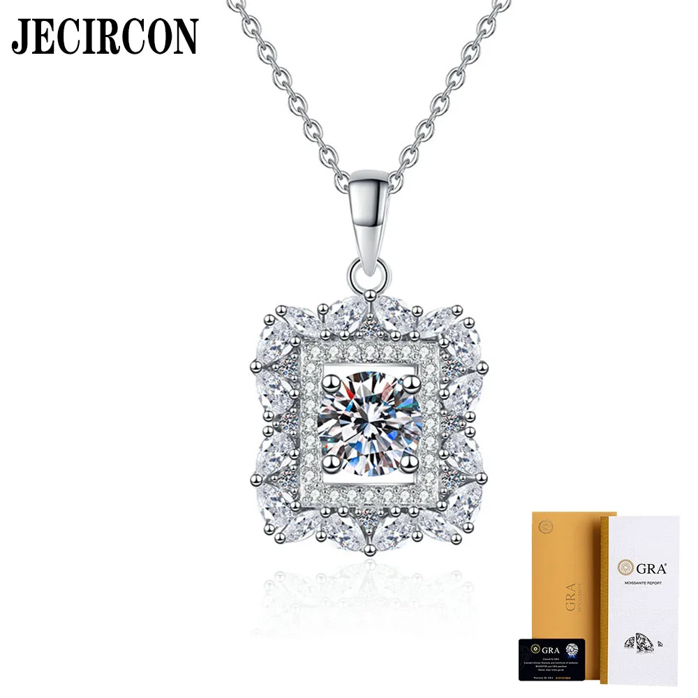 

JECIRCON S925 Sterling Silver Necklace High-end Large Sugar Cube Moissanite Pendant Super Flash 1 Carat Diamond Clavicle Chain