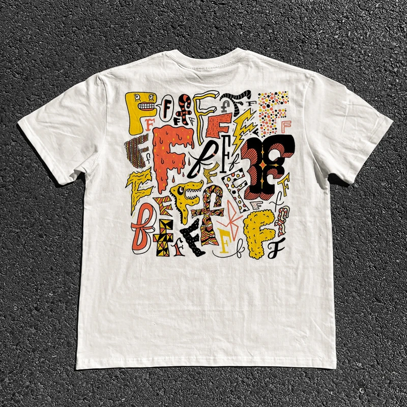 Breathable Shoulder Version Short Sleeve T-Shirt Unisex Cotton Summer Casual Wear Fun Graffiti Design Collection by Wang Studio