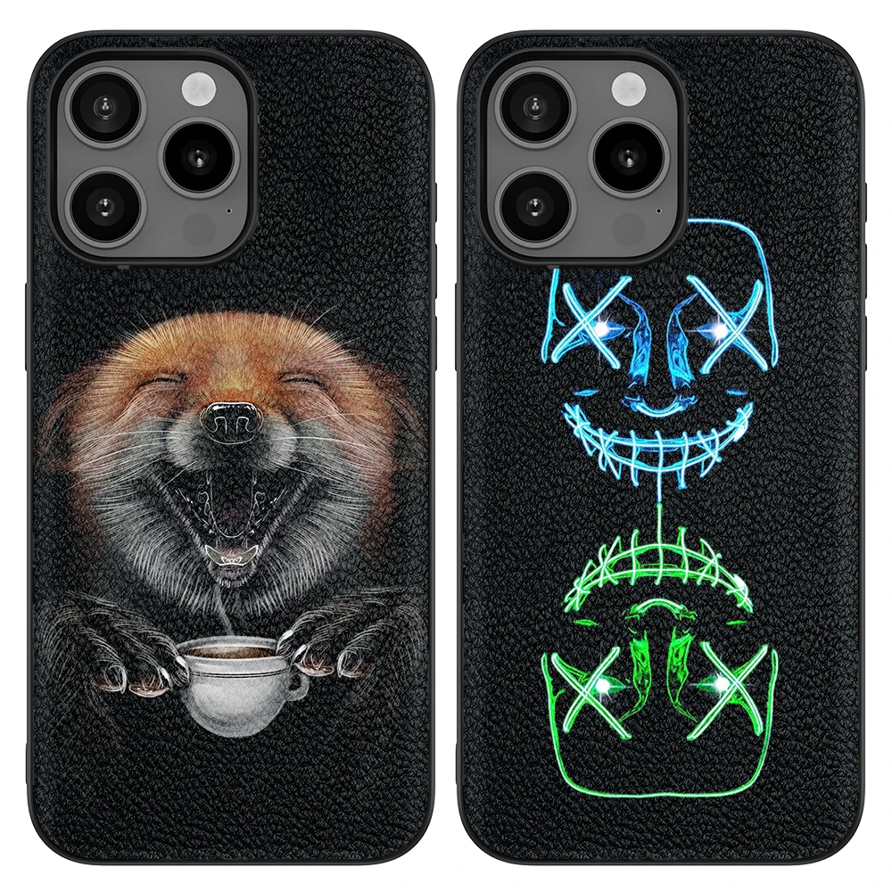 Leather Back Cover Case for iPhone 6 6S Plus 7 8P SE2 X XS MAX XR 11 Pro 12 13 mini 14 Plus 15 Pro Max with Laugh Dog Cartoon