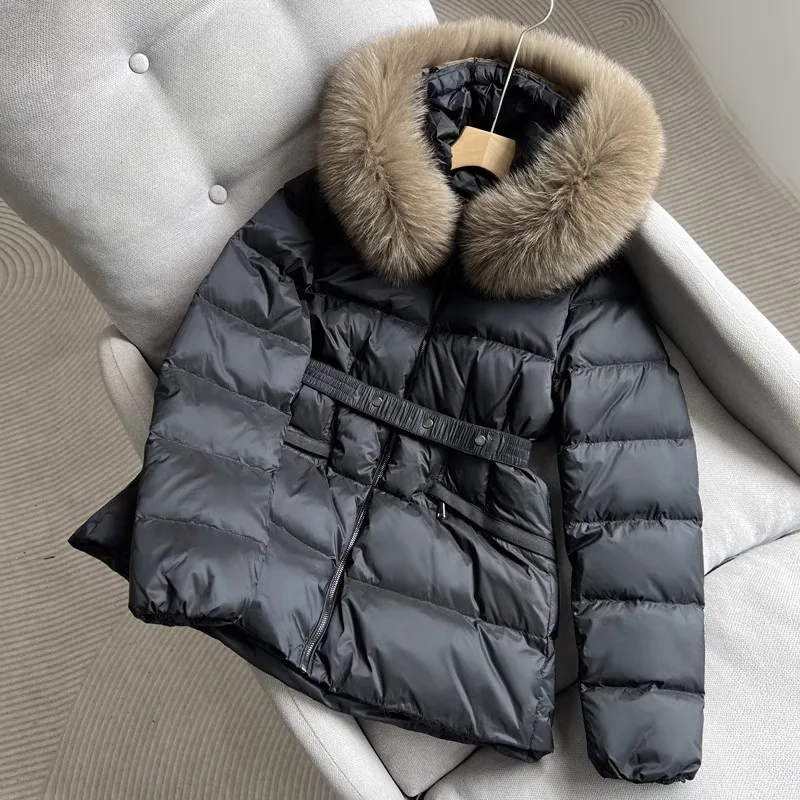 Hooded Large Fur Collar Short Down Jacket For Women With Belt 2023 Winter New European Style 90% White Duck Down Warm Outwear