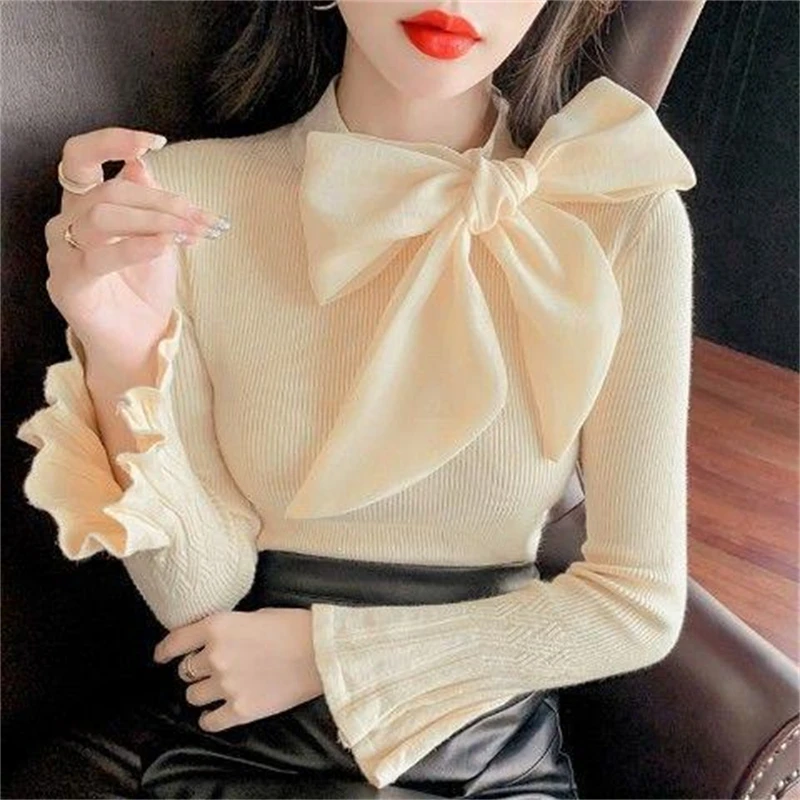 Women Trendy Bow Lace Up Elegant Chic Basic Knitwear Autumn Winter Half High Collar Solid Pullover Tops Slim Long Sleeve Jumpers