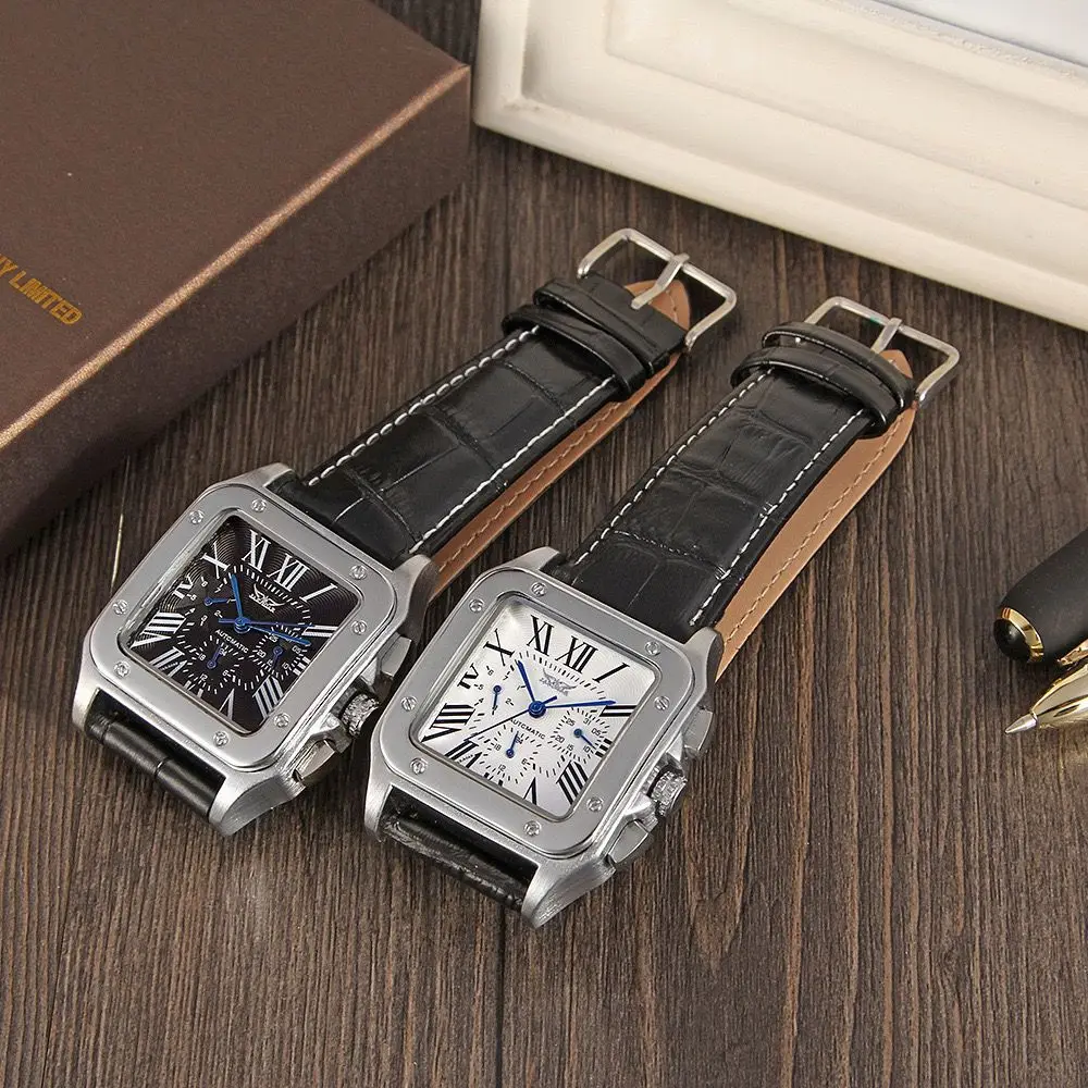 Forsining Watch Men Fashion Automatic Mechanical Reloj Square Leather Strap Waterproof WatchesTop Brand Luxury Luminous Clock