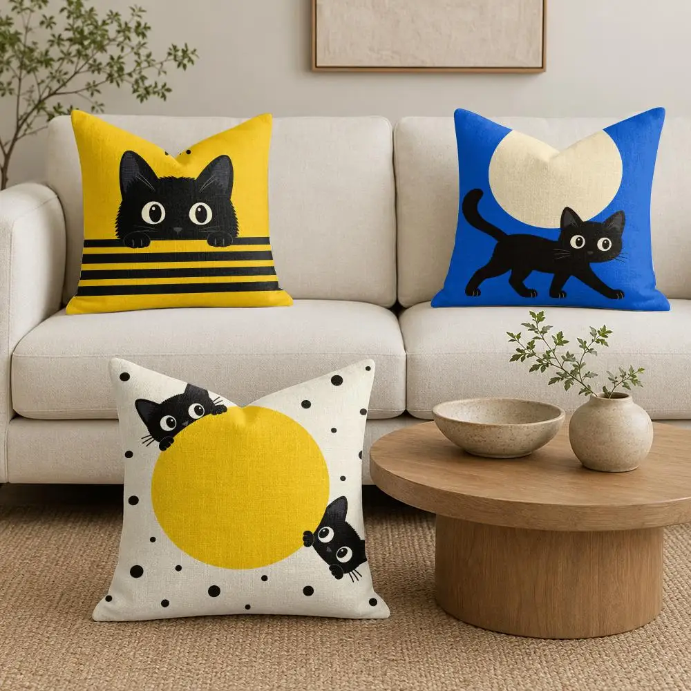 Hello Black Cat Cushion Cover Organic Linen Throw Pillow Cover - Double-Sided Print Breathable Cushion Case Home Decor