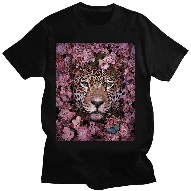 Lion and Panda Art T-shirts Pink Leaf Jungle Leopard Animal Print T-shirt  Casual Cool Clothing Women Men Clothing Tees Tops