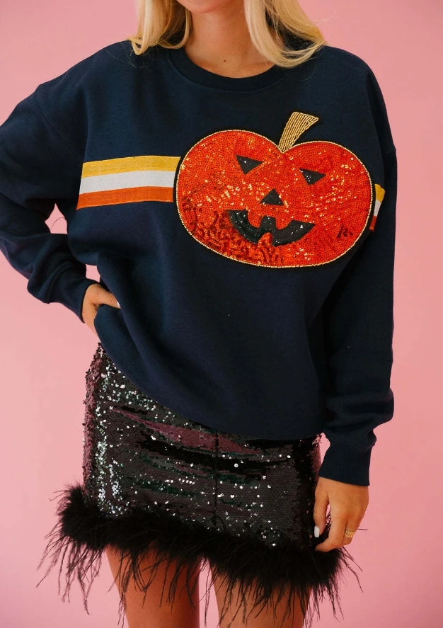 Women's Casual Style Pullover for Autumn Winter Latest 2025 Halloween Elements Sequined Hoodie Round Neck Loose Sweatshirt Top