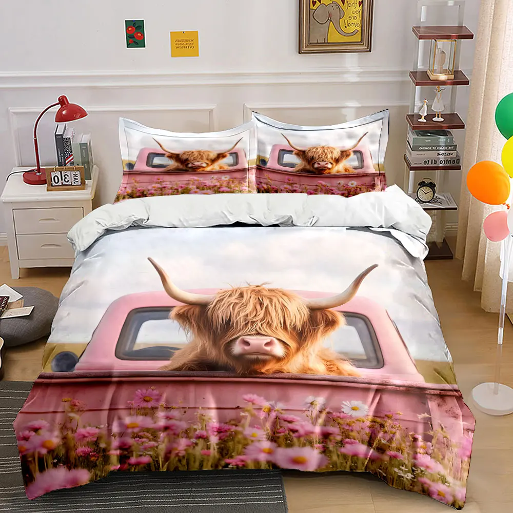 Pink truck, cow, and flower field Pattern Duvet Cover Set Digital Print Colorful Polyester Bedding with Zipper Closur for gifts