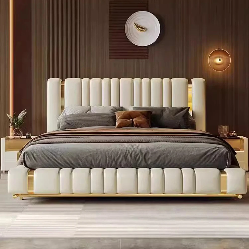 

Linlamlim Modern Genuine Leather Wedding Bed, High Back Upholstered Stainless Steel Double Bed, Luxury King Size Beds 2 People