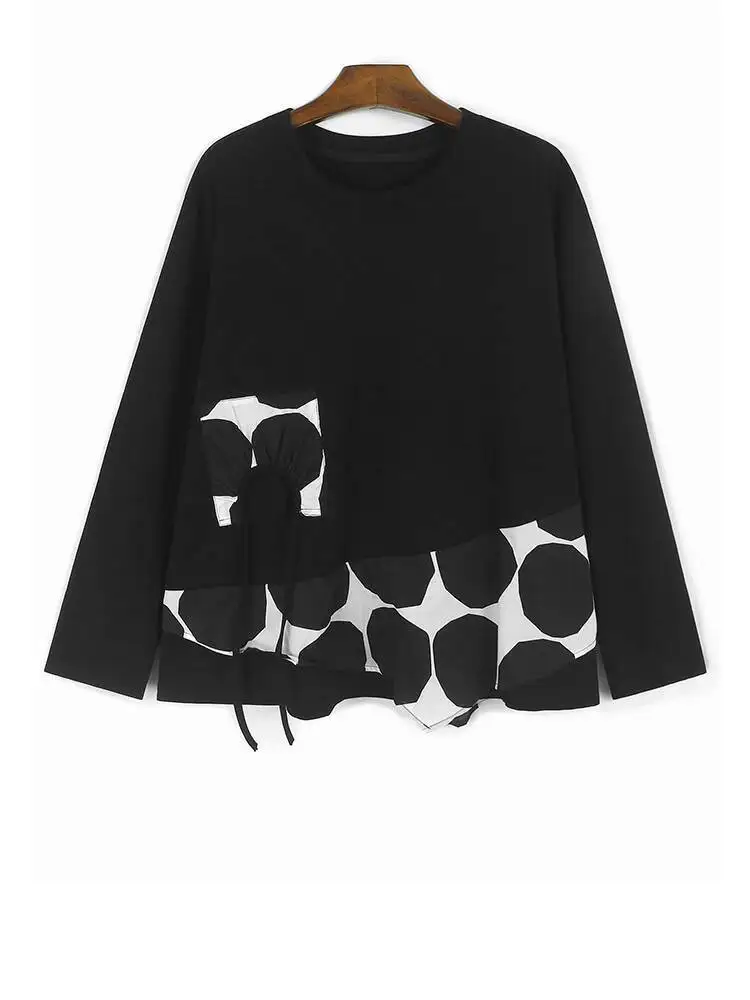 

Women Black Dot Color-block Irregular Big Size Casual T-shirt New Round Neck Long Sleeve Fashion Tide Spring Autumn